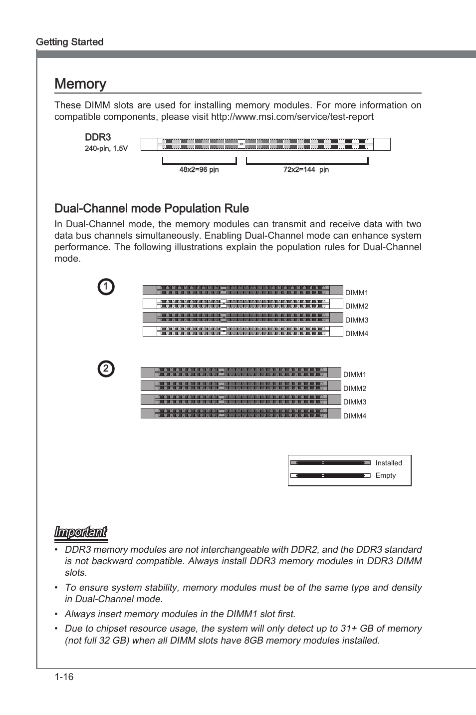 Memory, Dual-channel mode population rule, Memory -16 | Dimm1~4, Dual-channel mode populaton rule, Important | MSI Z68A-G43 (G3) User Manual | Page 26 / 80
