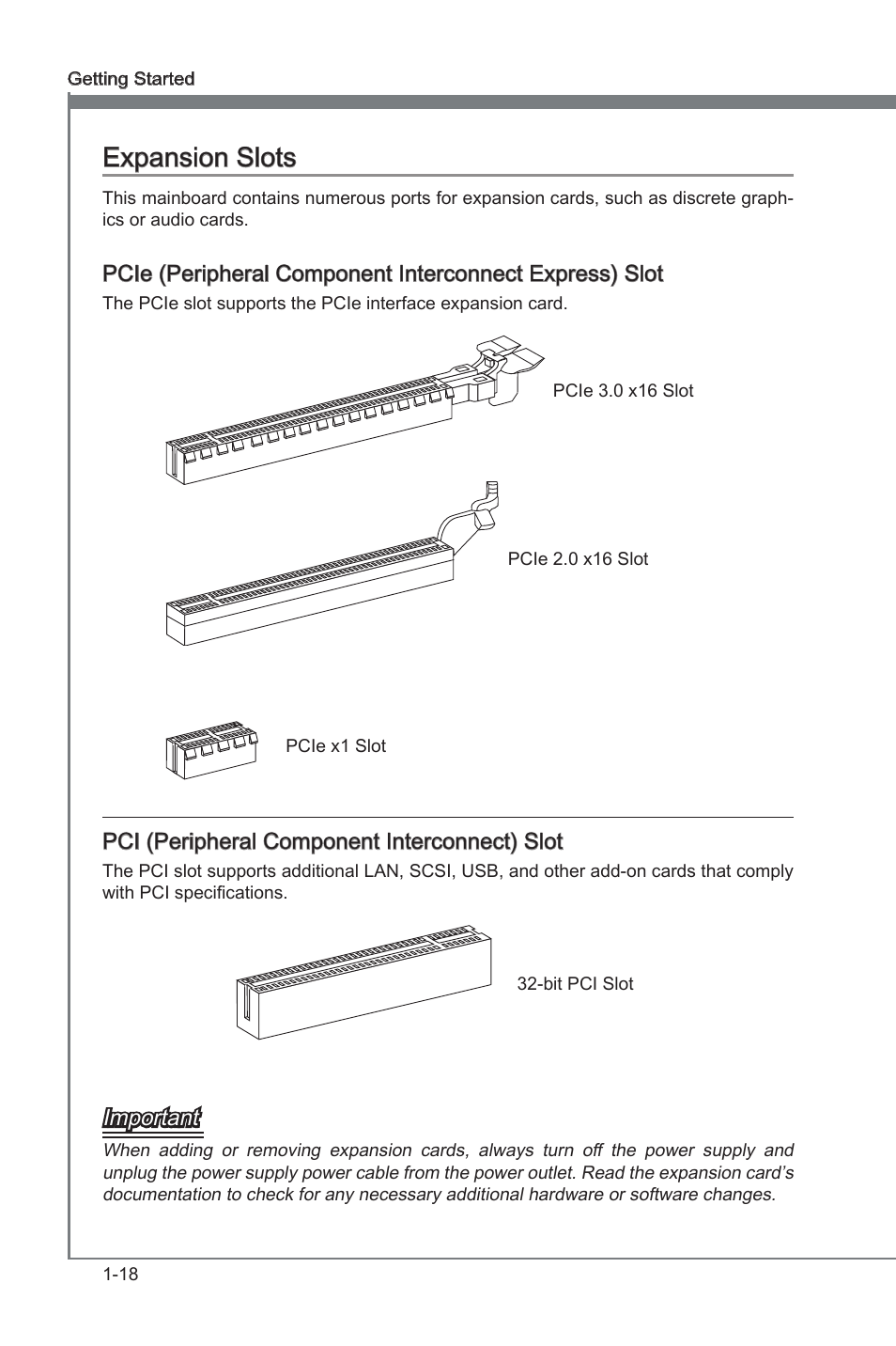 Expansion slots, Expanson slots -18, Pcie x16 expanson slots | Pci_e2, 4, Pcie x1 expanson slots, Pci expanson slots, Pci 1, 2, 3, Expanson slots, Pci (perpheral component interconnect) slot, Important | MSI Z68A-G43 (G3) User Manual | Page 28 / 80