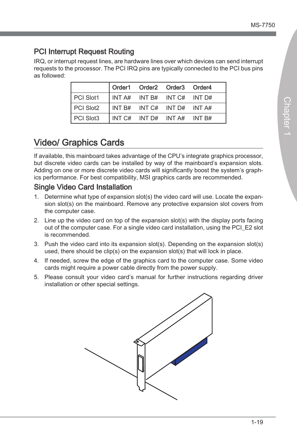 Video/ graphics cards, Vdeo/ graphcs cards -19, Chapter 1 | Vdeo/ graphcs cards, Pci interrupt request routng, Sngle vdeo card installaton | MSI Z68A-G43 (G3) User Manual | Page 29 / 80