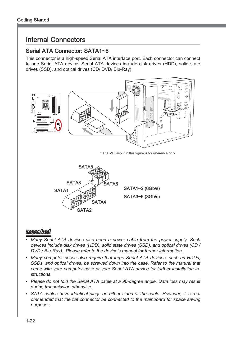 Internal connectors, Serial ata connector: sata1~6, Internal connectors -22 | Seral ata connector, Sata1~6, Seral ata connector: sata1~6, Important | MSI Z68A-G43 (G3) User Manual | Page 32 / 80