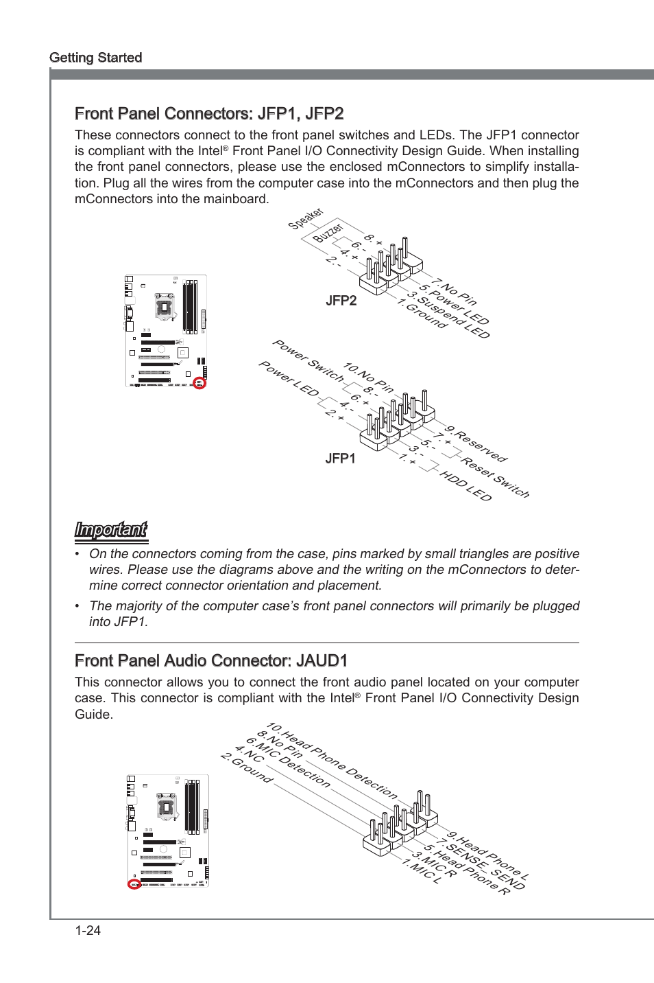 Front panel connectors: jfp1, jfp2, Front panel audio connector: jaud1, Front panel connectors | Jfp1, jfp2, Front panel audo connector, Jaud1, Important, Front panel audo connector: jaud1 | MSI Z68A-G43 (G3) User Manual | Page 34 / 80