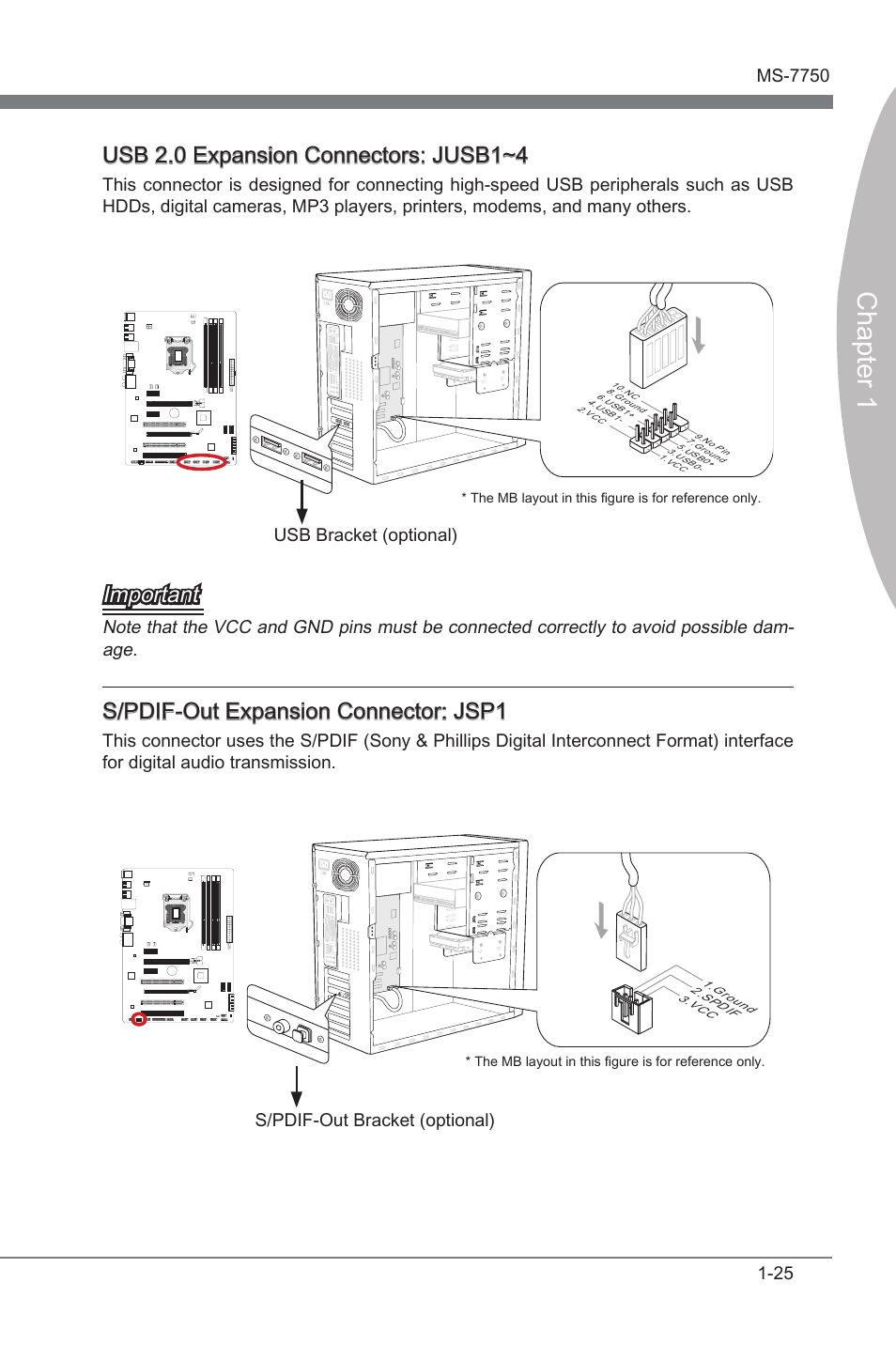 S/pdif-out expansion connector: jsp1, Usb 2.0 expanson connectors, Jusb1~4 | S/pdif-out expanson connector, Jsp1, Chapter 1, Usb 2.0 expanson connectors: jusb1~4, Important, S/pdif-out expanson connector: jsp1, Usb bracket (optonal) | MSI Z68A-G43 (G3) User Manual | Page 35 / 80