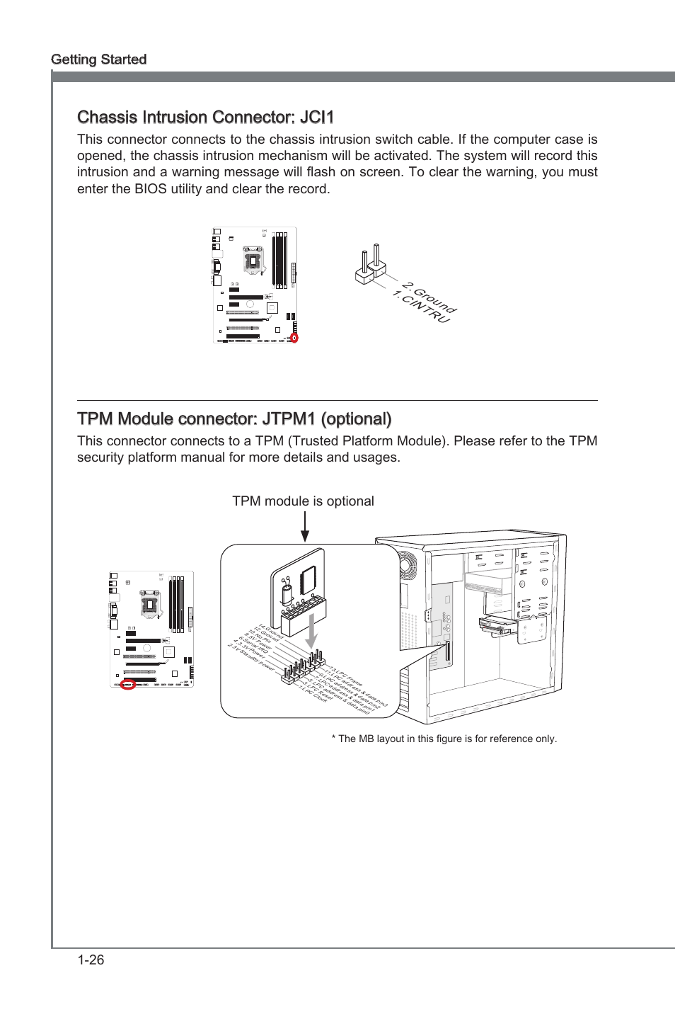 Chassis intrusion connector: jci1, Tpm module connector: jtpm1, Chasss intruson connector | Jci1, Tpm module connector, Jtpm1, Chasss intruson connector: jci1, Tpm module connector: jtpm1 (optonal), 26 gettng started, Tpm module s optonal | MSI Z68A-G43 (G3) User Manual | Page 36 / 80