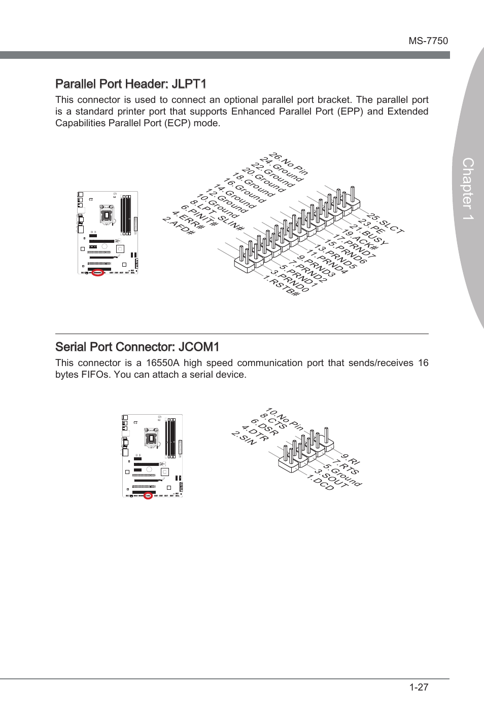 Parallel port header: jlpt1, Serial port connector: jcom1, Parallel port header | Jlpt1, Seral port connector, Jcom1, Chapter 1, Seral port connector: jcom1 | MSI Z68A-G43 (G3) User Manual | Page 37 / 80