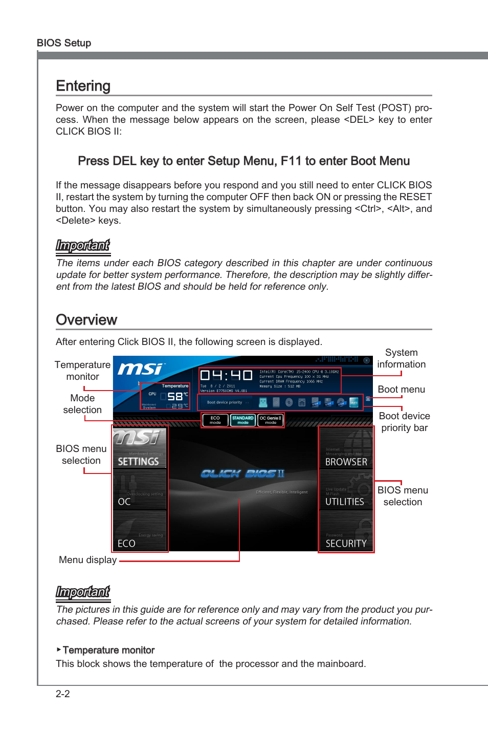 Entering, Overview, Enterng -2 overvew -2 | Chapter 2, Chapter 2 enterng, Overvew, Important | MSI Z68A-G43 (G3) User Manual | Page 40 / 80