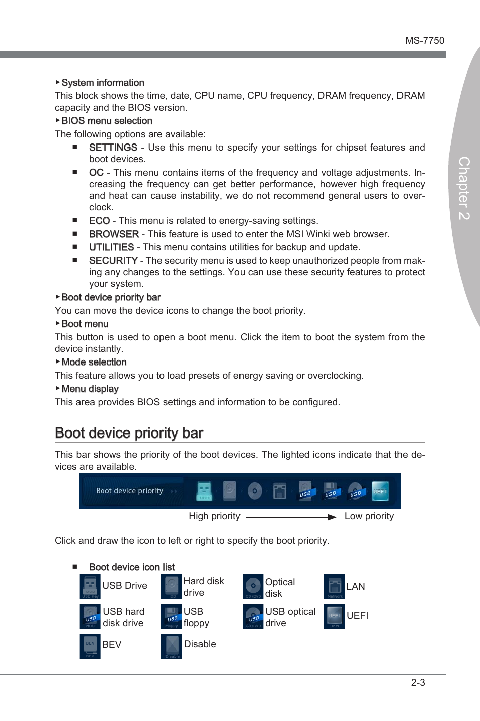 Boot device priority bar, Boot devce prorty bar -3, Chapter 2 | Boot devce prorty bar | MSI Z68A-G43 (G3) User Manual | Page 41 / 80
