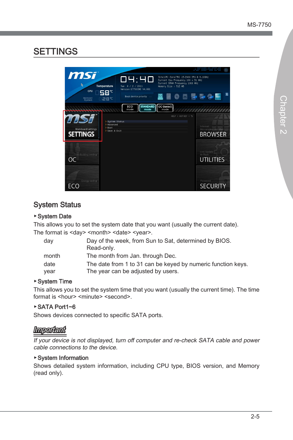 Settings, Settings -5, Chapter 2 | Chapter 2 settings, System status, Important | MSI Z68A-G43 (G3) User Manual | Page 43 / 80