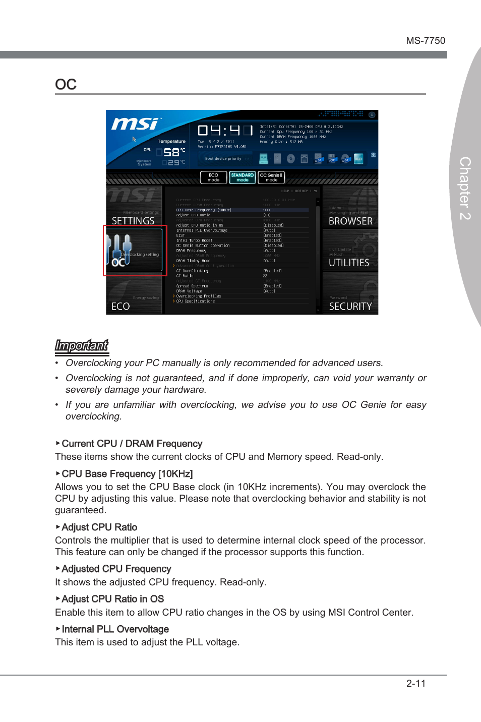 Oc -11, Chapter 2, Chapter 2 oc | Important | MSI Z68A-G43 (G3) User Manual | Page 49 / 80