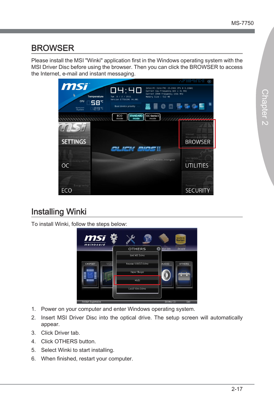Browser, Installing winki, Browser -17 installng wnk -17 | Chapter 2, Chapter 2 browser, Installng wnk | MSI Z68A-G43 (G3) User Manual | Page 55 / 80
