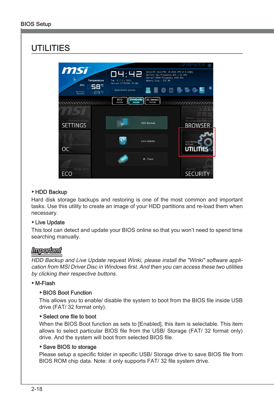 Utilities, Utilities -18, Chapter 2 | Chapter 2 utilities, Important | MSI Z68A-G43 (G3) User Manual | Page 56 / 80