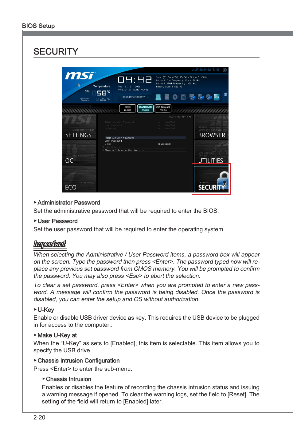 Security, Security -20, Chapter 2 security | Important | MSI Z68A-G43 (G3) User Manual | Page 58 / 80