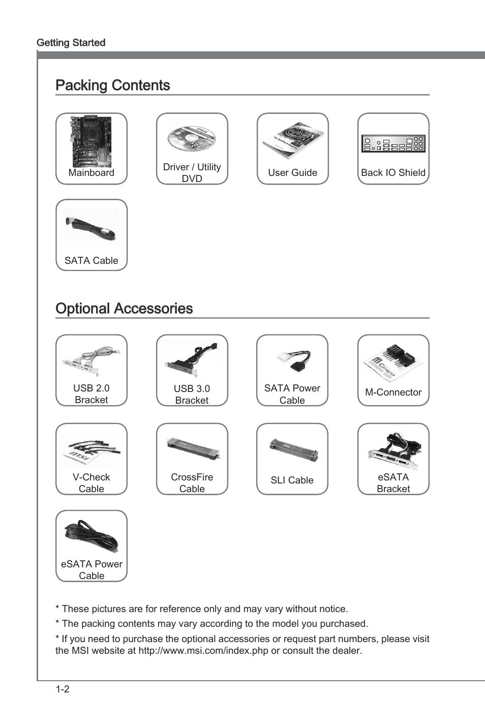 Packng contents -2 optonal accessores -2, Packng contents, Optonal accessores | MSI X79A-GD65 User Manual | Page 12 / 88