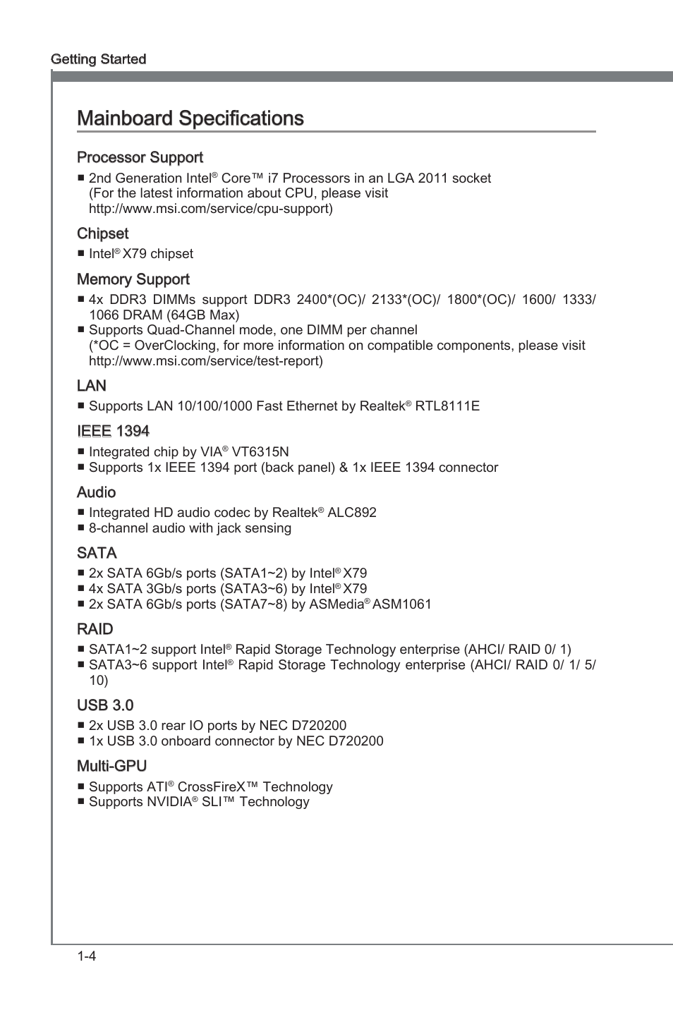 Manboard specficatons -4, Manboard specficatons | MSI X79A-GD65 User Manual | Page 14 / 88