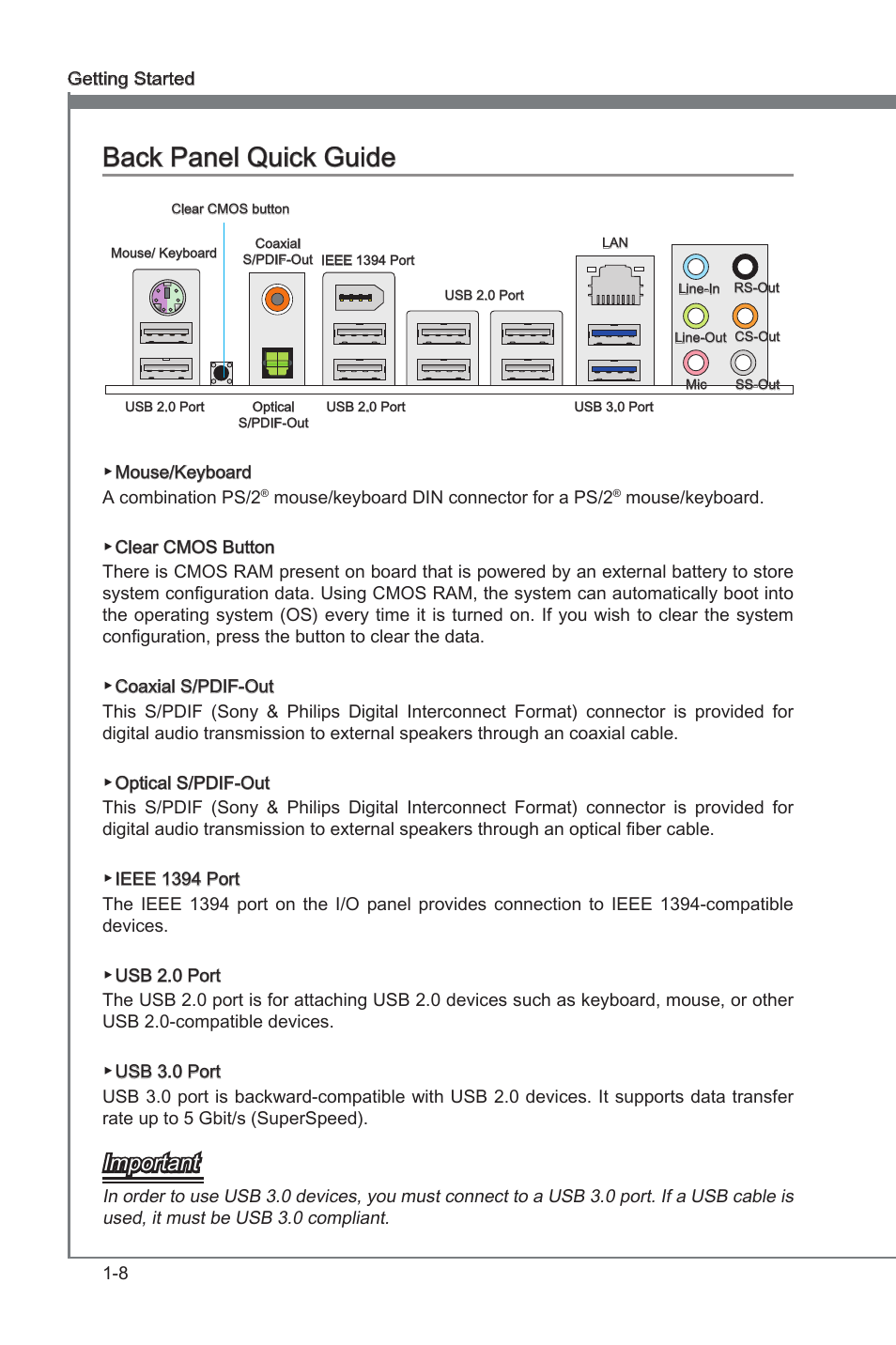 Back panel quck gude -8, Back panel quck gude, Important | MSI X79A-GD65 User Manual | Page 18 / 88