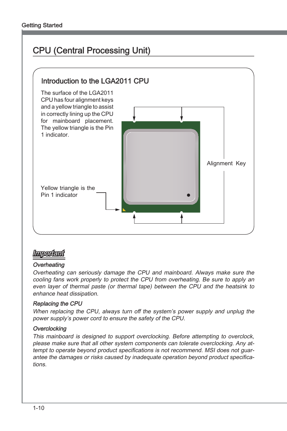 Introduction to the lga2011 cpu, Cpu (central processng unt) -10, Cpu (central processng unt) | Important, Introducton to the lga2011 cpu | MSI X79A-GD65 User Manual | Page 20 / 88