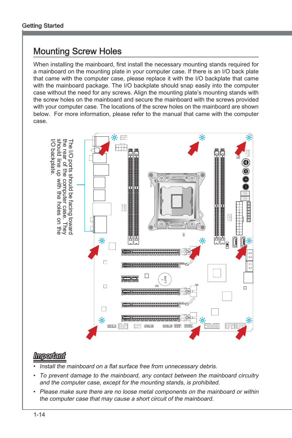 Mountng screw holes -14, Mountng screw holes, Important | MSI X79A-GD65 User Manual | Page 24 / 88