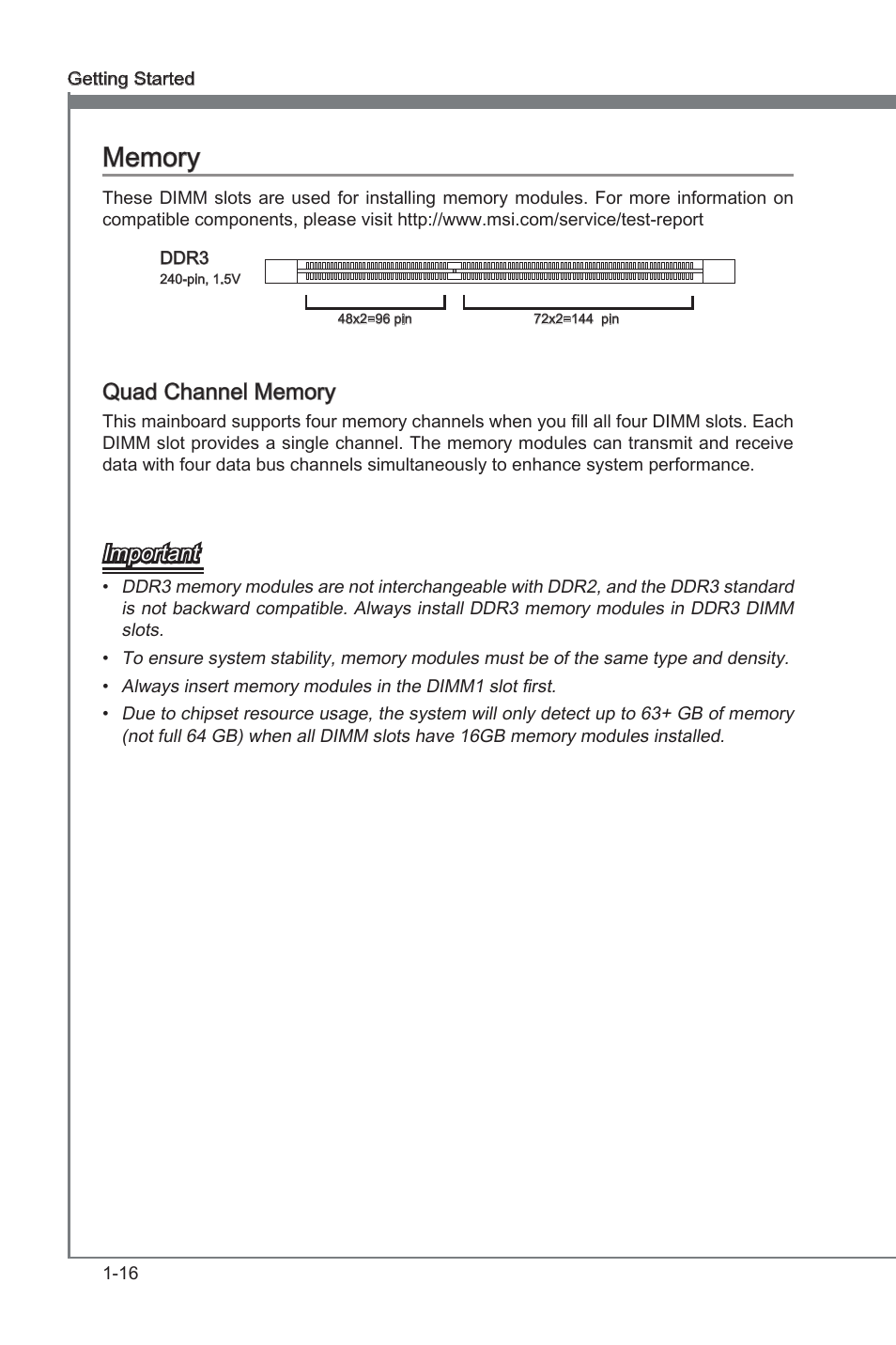 Quad channel memory, Memory -16, Dimm1~4 | Important | MSI X79A-GD65 User Manual | Page 26 / 88