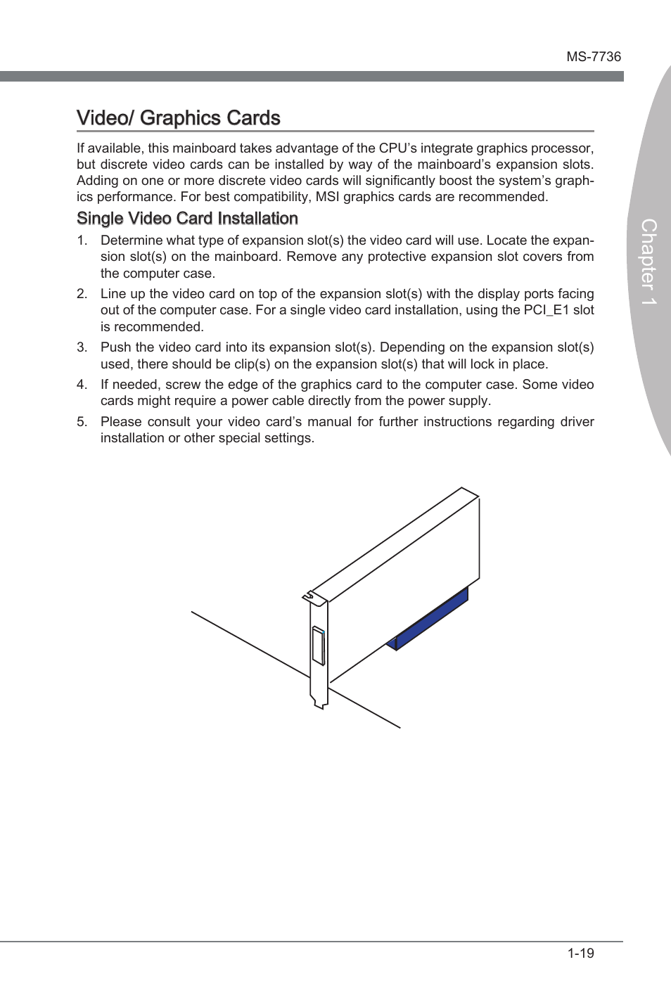 Vdeo/ graphcs cards -19, Chapter 1 vdeo/ graphcs cards, Sngle vdeo card installaton | MSI X79A-GD65 User Manual | Page 29 / 88