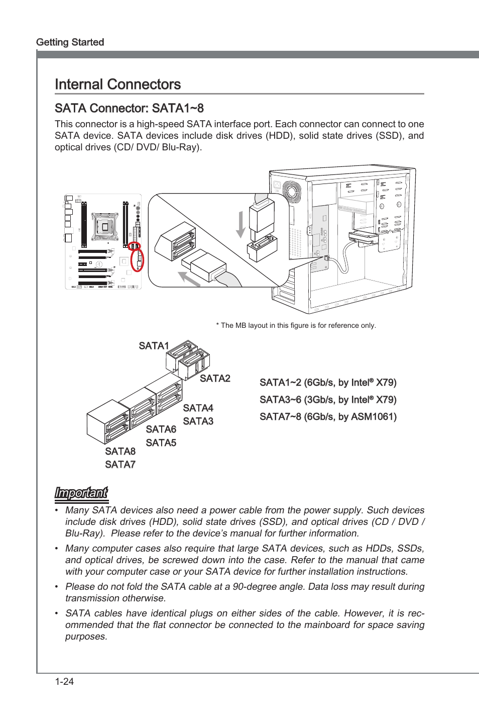 Sata connector: sata1~8, Internal connectors -24, Sata1, 2, 7, 8 | Sata3~6, Internal connectors, Important | MSI X79A-GD65 User Manual | Page 34 / 88