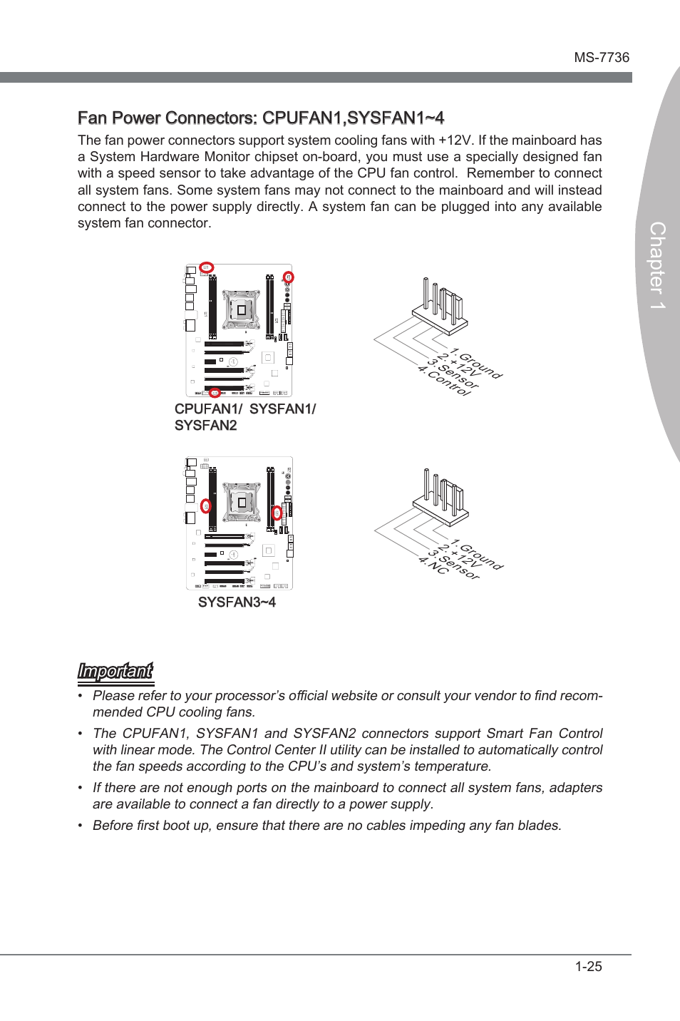 Fan power connectors: cpufan1,sysfan1~4, Cpufan1, Chapter 1 | Important | MSI X79A-GD65 User Manual | Page 35 / 88