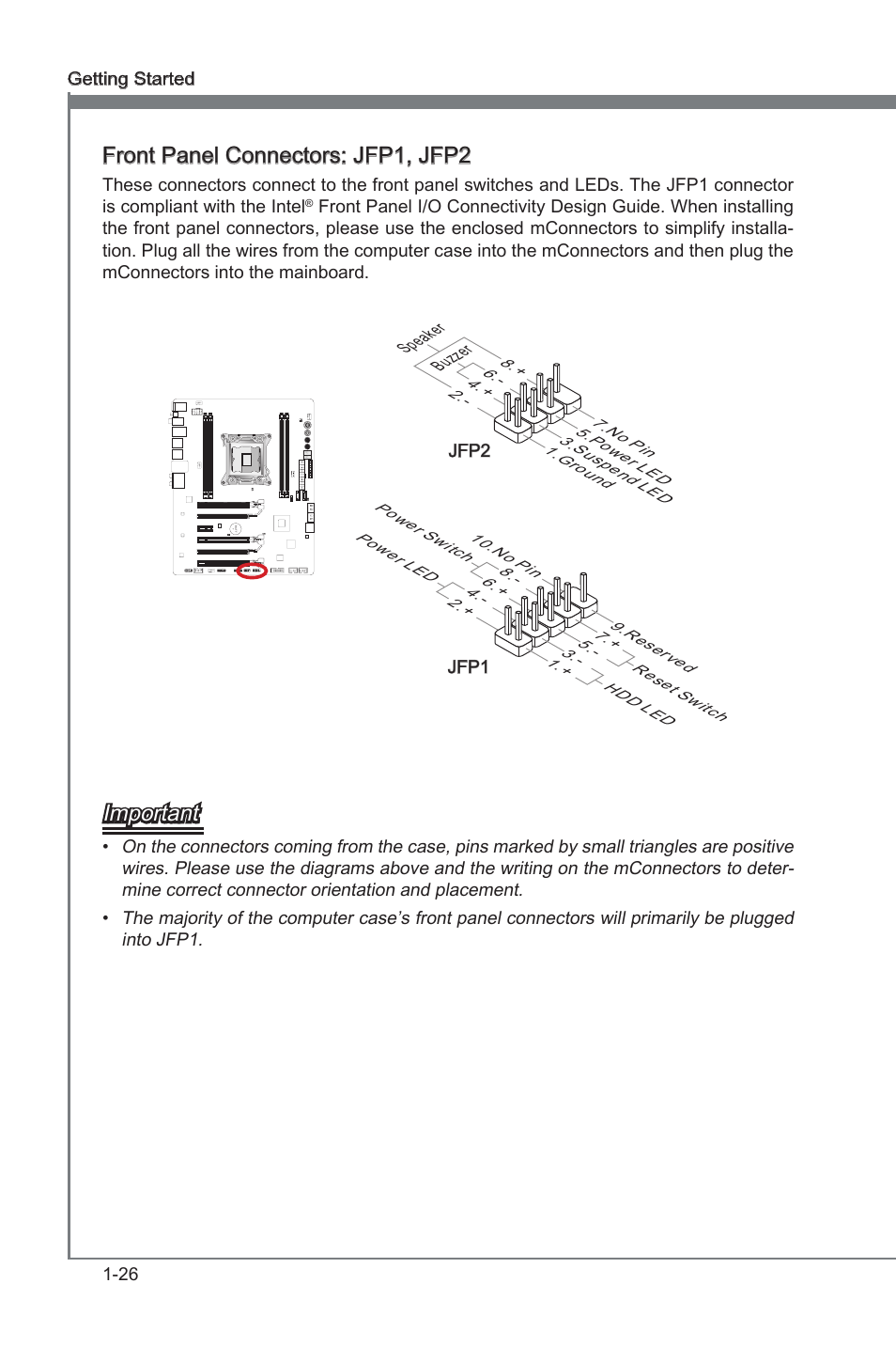 Front panel connectors: jfp1, jfp2, Important | MSI X79A-GD65 User Manual | Page 36 / 88