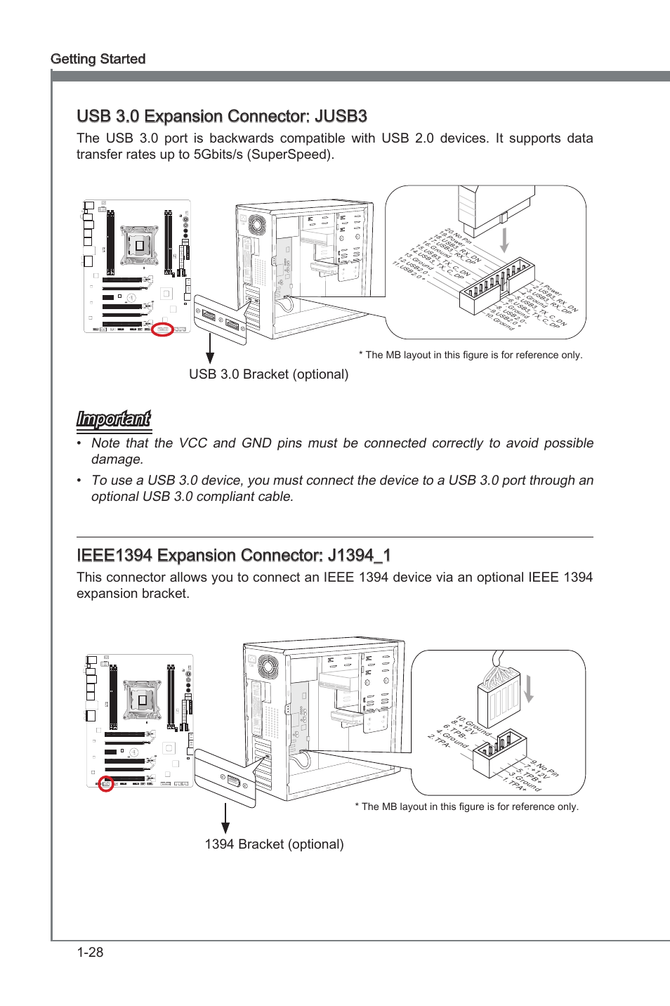 Usb 3.0 expansion connector: jusb3, Ieee1394 expansion connector: j1394_1, Jusb3 | J1394_1, Usb 3.0 expanson connector: jusb3, Important, 28 gettng started, Usb 3.0 bracket (optonal), 1394 bracket (optonal), 11 5 v | MSI X79A-GD65 User Manual | Page 38 / 88