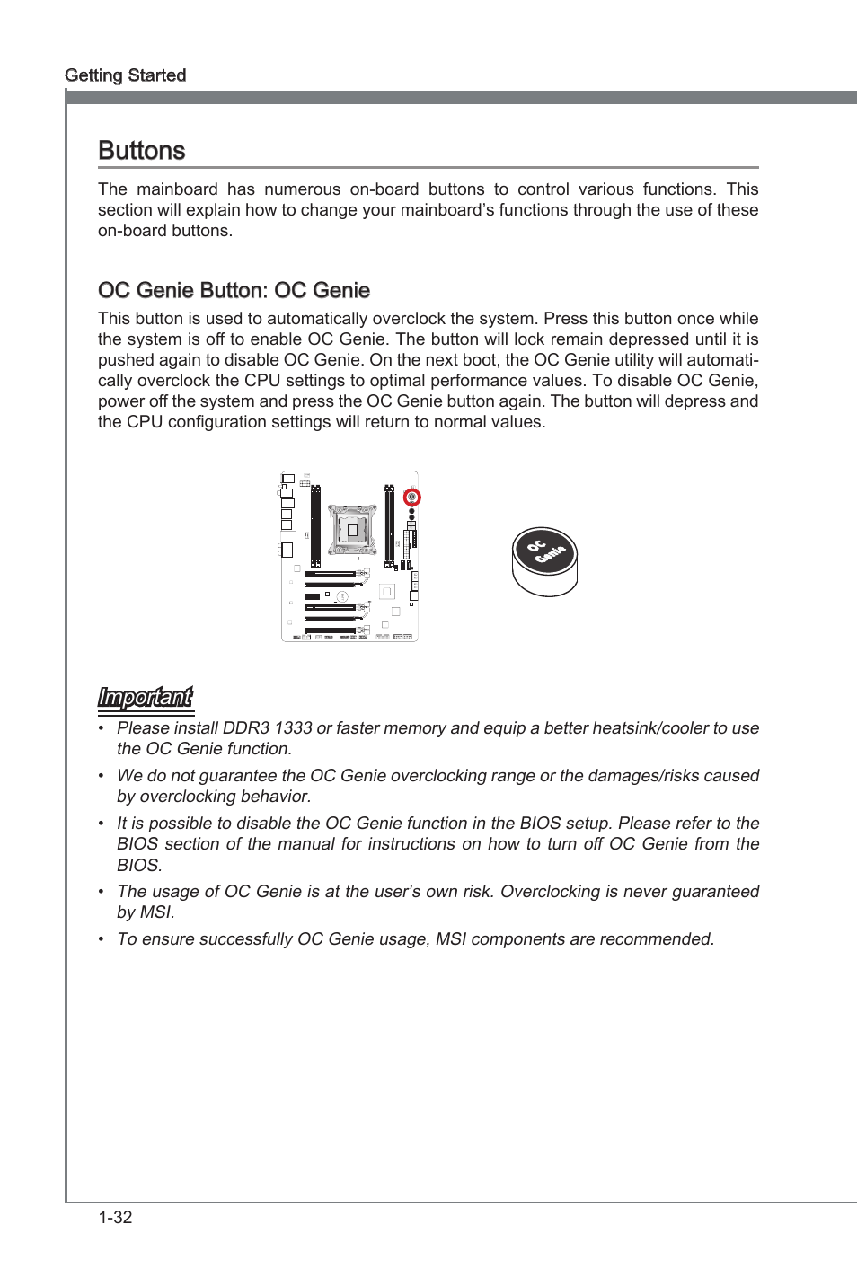 Oc genie button: oc genie, Buttons -32, Buttons | Oc gene button: oc gene, Important | MSI X79A-GD65 User Manual | Page 42 / 88