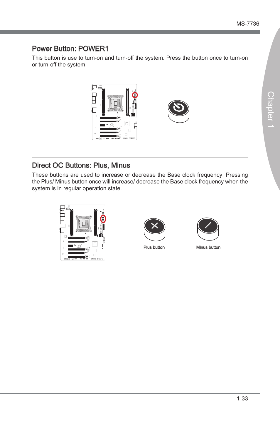 Power button: power1, Direct oc buttons: plus, minus, Chapter 1 | Drect oc buttons: plus, mnus | MSI X79A-GD65 User Manual | Page 43 / 88