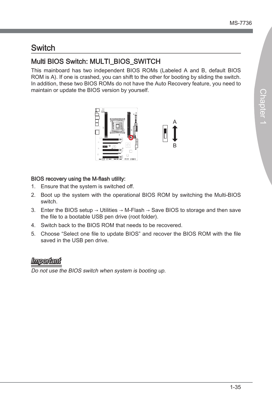 Multi bios switch: multi bios switch, Swtch -35, Multi_bios_switch 1-35 | Chapter 1 swtch, Mult bios swtch: multi_bios_switch, Important | MSI X79A-GD65 User Manual | Page 45 / 88