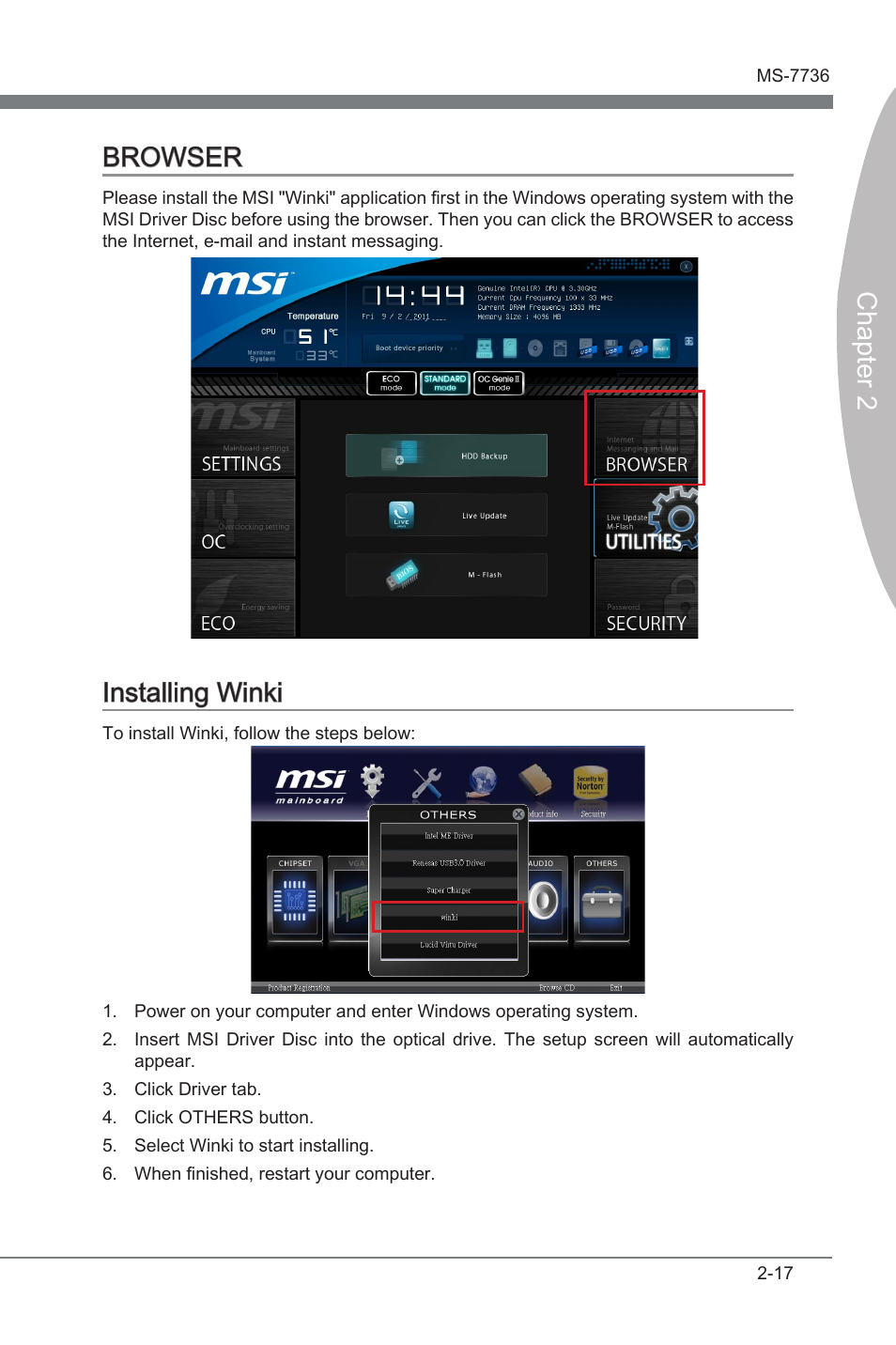 Browser -17 installng wnk -17, Chapter 2, Chapter 2 browser | Installng wnk | MSI X79A-GD65 User Manual | Page 65 / 88