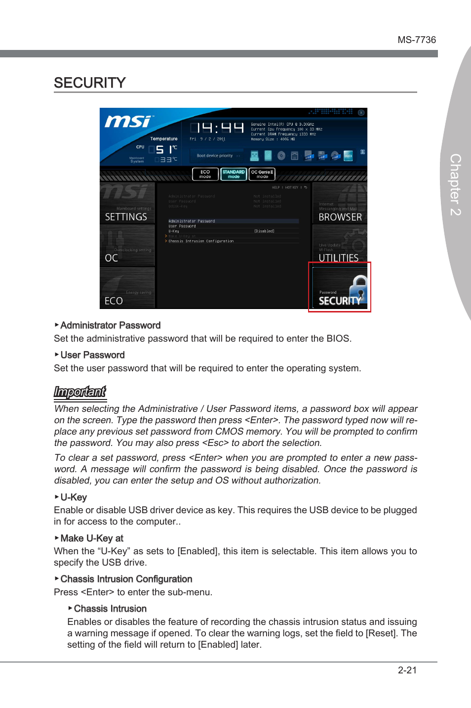 Security -21, Chapter 2, Chapter 2 security | Important | MSI X79A-GD65 User Manual | Page 69 / 88