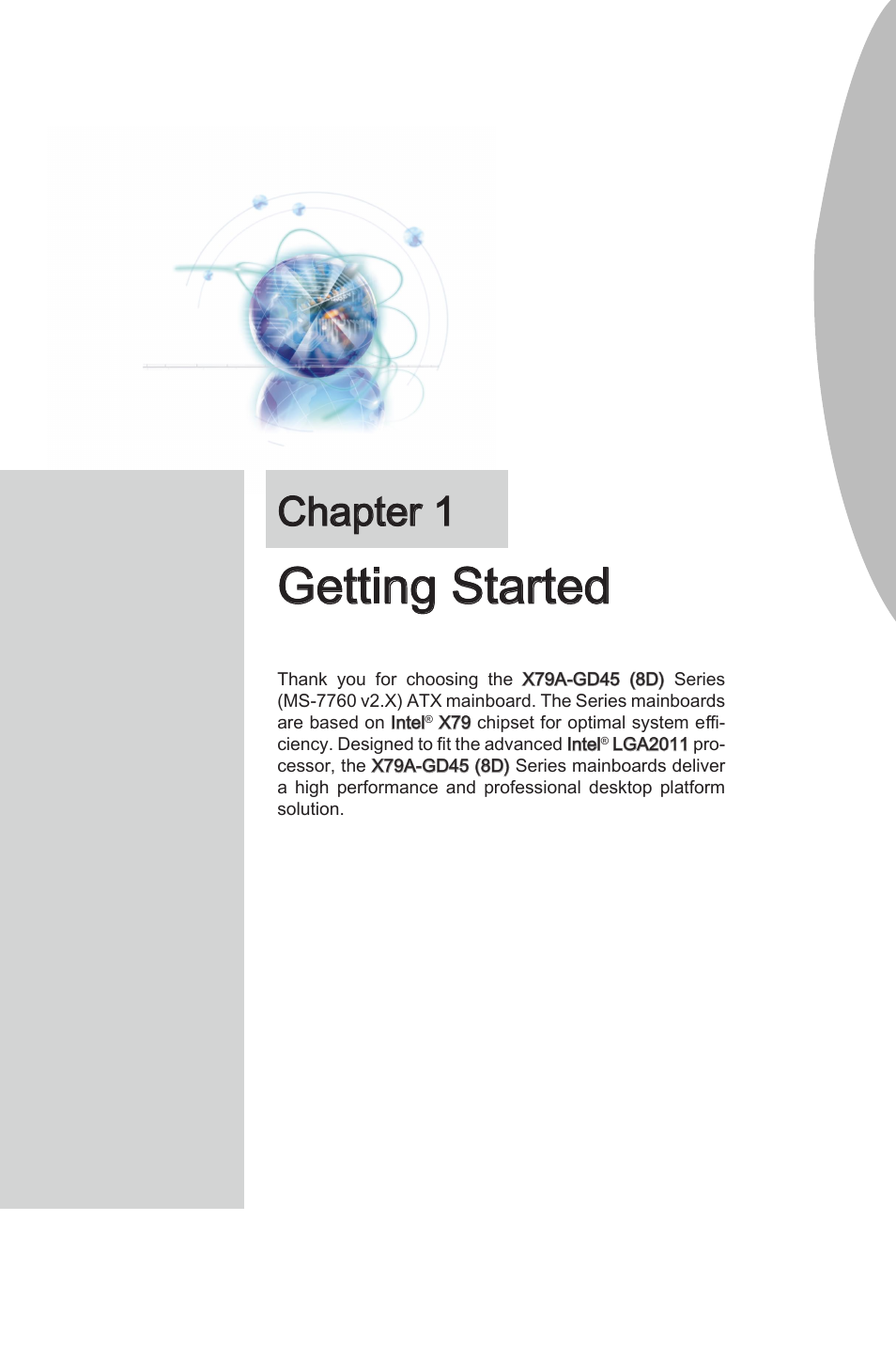 Chapter 1 gettng started -1, Gettng started, Chapter 1 | MSI X79A-GD45 (8D) User Manual | Page 11 / 90