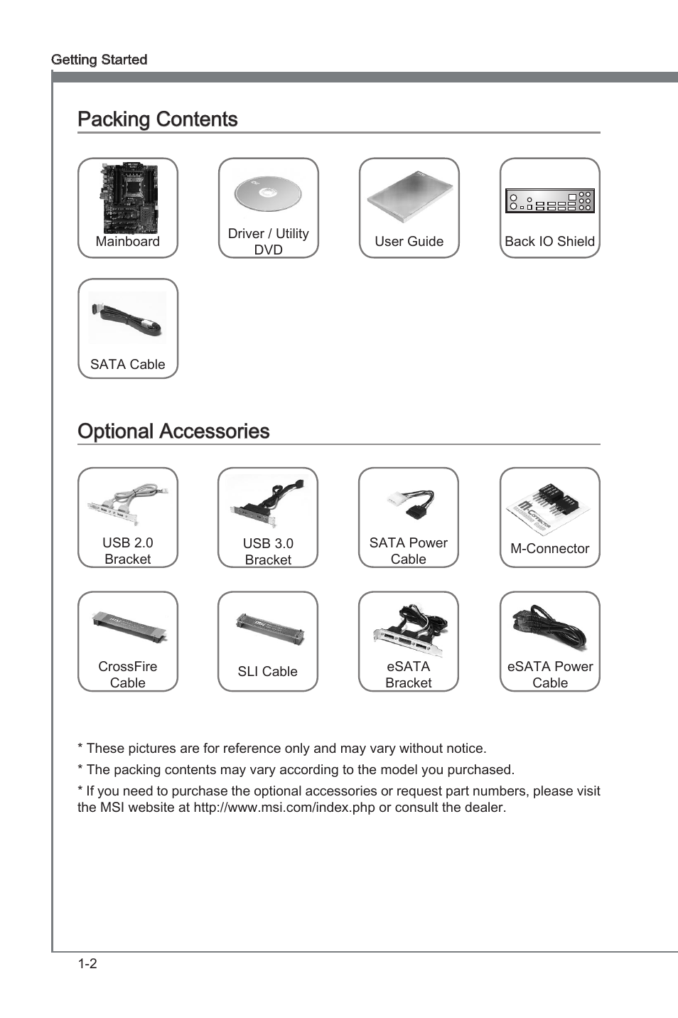 Packng contents -2 optonal accessores -2, Packng contents, Optonal accessores | MSI X79A-GD45 (8D) User Manual | Page 12 / 90