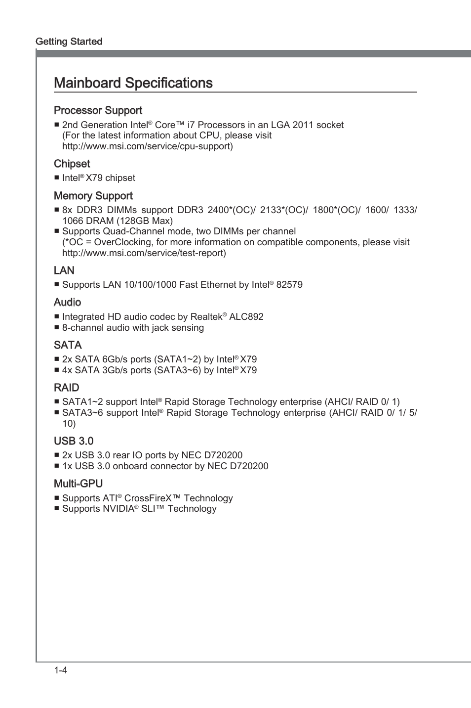 Manboard specficatons -4, Manboard specficatons | MSI X79A-GD45 (8D) User Manual | Page 14 / 90
