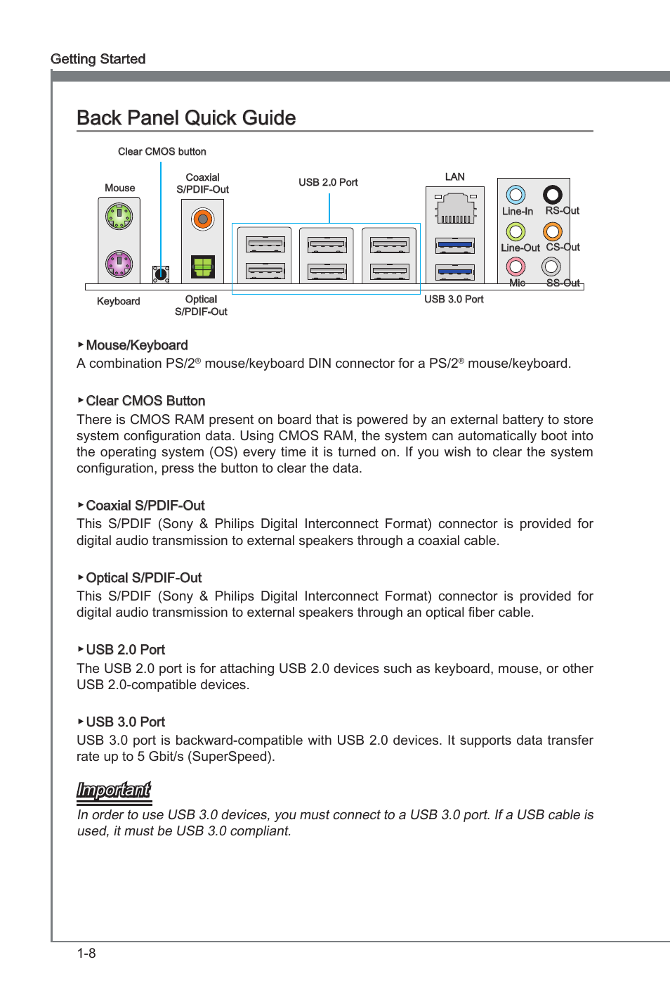 Back panel quck gude -8, Back panel quck gude, Important | MSI X79A-GD45 (8D) User Manual | Page 18 / 90