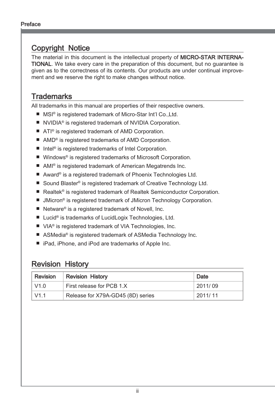 Preface, Copyrght notce, Trademarks | Revson hstory | MSI X79A-GD45 (8D) User Manual | Page 2 / 90