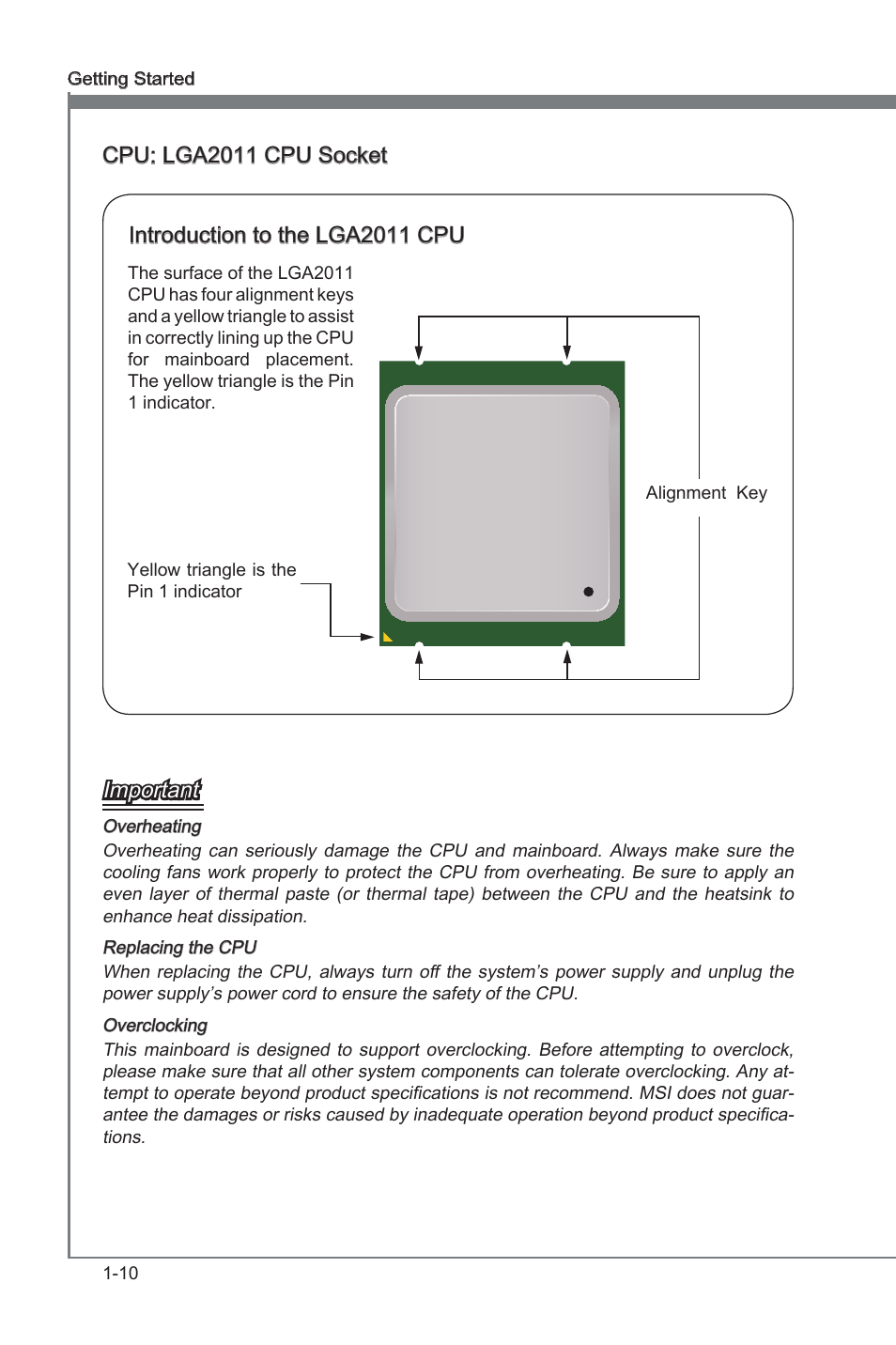 Cpu: lga2011 cpu socket, Lga2011 cpu socket, Cpu: lga2011 cpu socket important | Introducton to the lga2011 cpu | MSI X79A-GD45 (8D) User Manual | Page 20 / 90