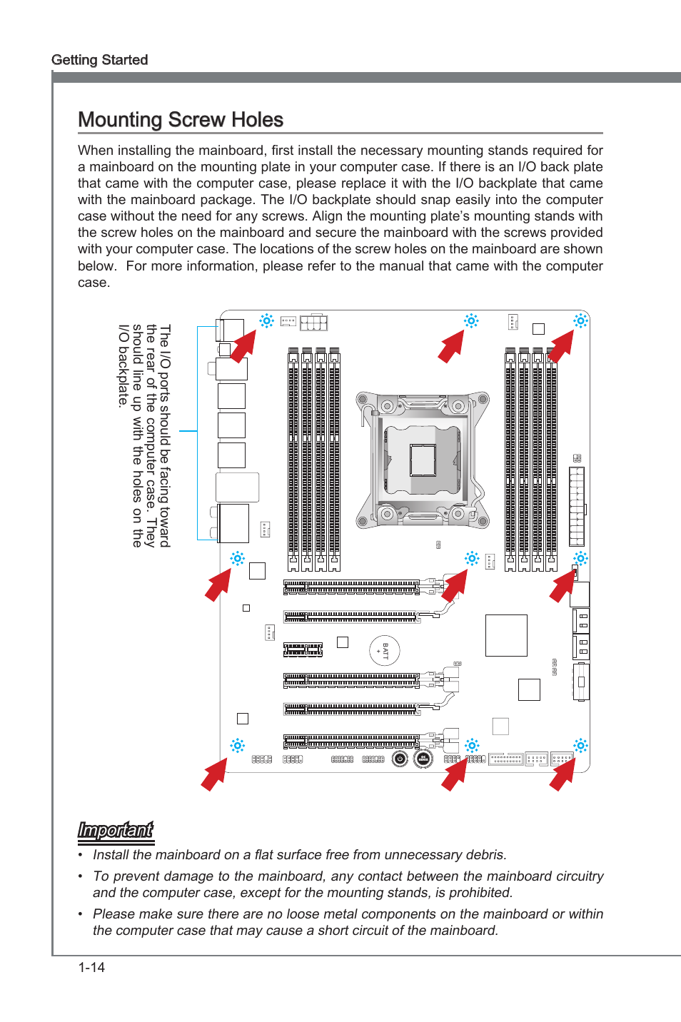 Mountng screw holes -14, Mountng screw holes, Important | MSI X79A-GD45 (8D) User Manual | Page 24 / 90