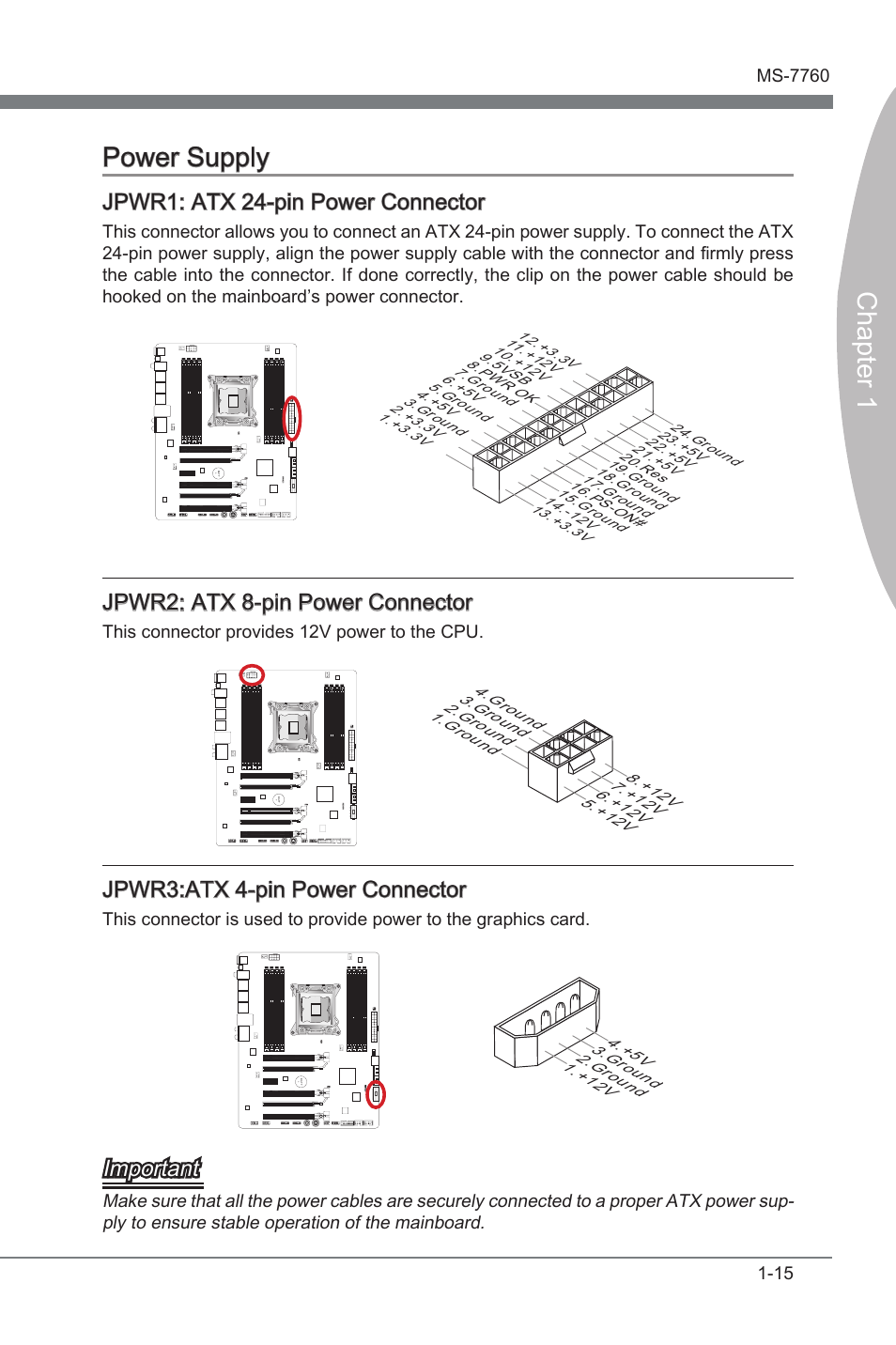 Jpwr1: atx 24-pin power connector, Jpwr2: atx 8-pin power connector, Jpwr3:atx 4-pin power connector | Power supply -15, Jpwr1, Atx 24-pn power connector, Jpwr2, Atx 8-pn power connector, Jpwr3, Atx 4-pn power connector | MSI X79A-GD45 (8D) User Manual | Page 25 / 90