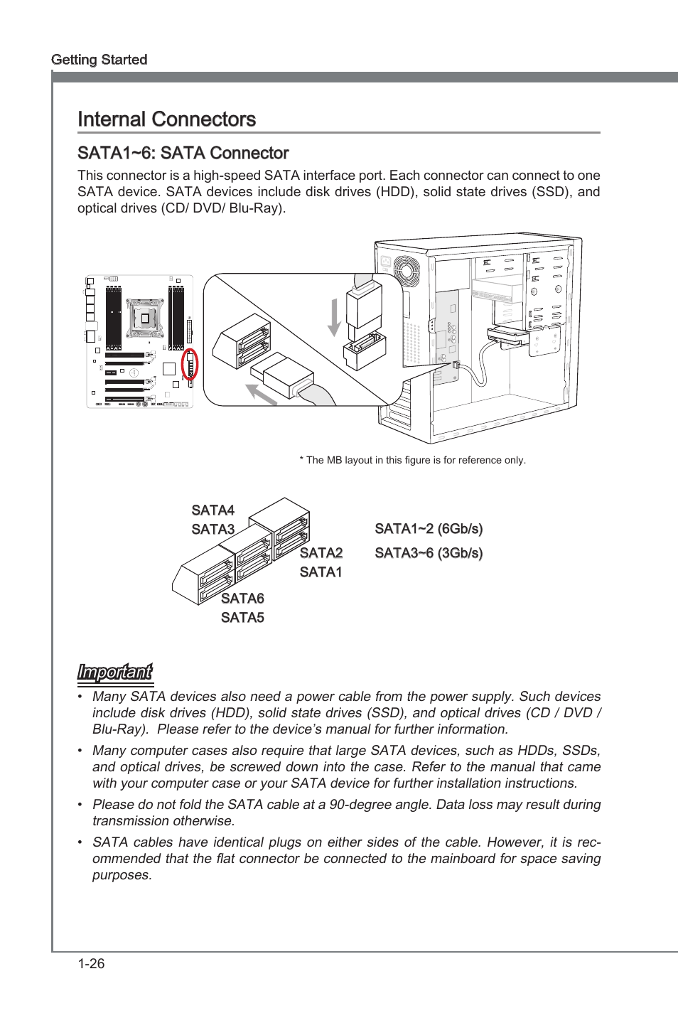 Sata1~6: sata connector, Internal connectors -26, Sata1~6 | Sata connector, Internal connectors, Important | MSI X79A-GD45 (8D) User Manual | Page 36 / 90