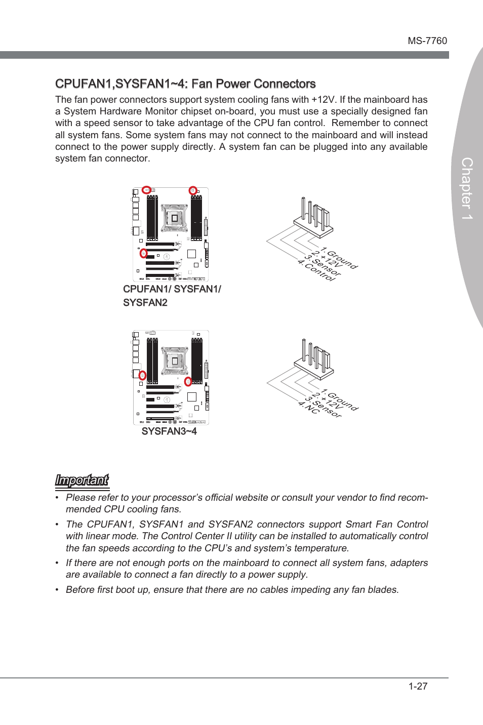 Cpufan1,sysfan1~4: fan power connectors, Cpufan1,sysfan1~4, Fan power connectors | Chapter 1, Important | MSI X79A-GD45 (8D) User Manual | Page 37 / 90