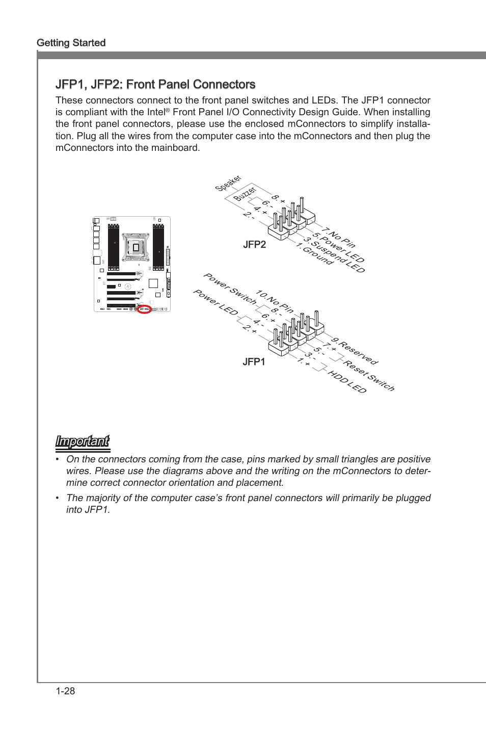 Jfp1, jfp2: front panel connectors, Jfp1, jfp2, Front panel connectors | Important | MSI X79A-GD45 (8D) User Manual | Page 38 / 90