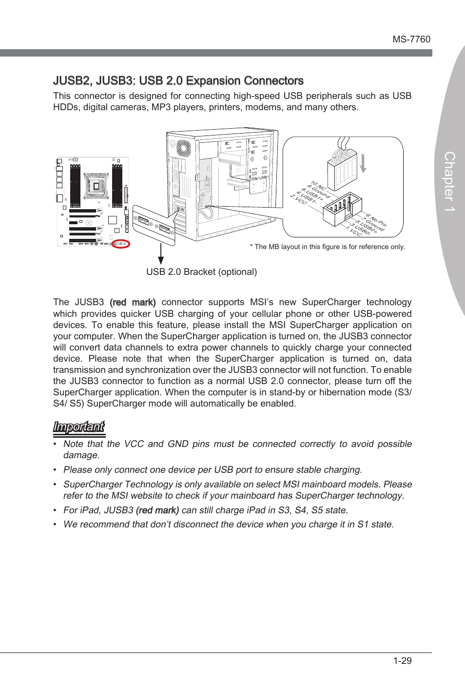 Jusb2, jusb3: usb 2.0 expansion connectors, Jusb2, jusb3, Usb 2.0 expanson connectors | Chapter 1, Jusb2, jusb3: usb 2.0 expanson connectors, Important | MSI X79A-GD45 (8D) User Manual | Page 39 / 90