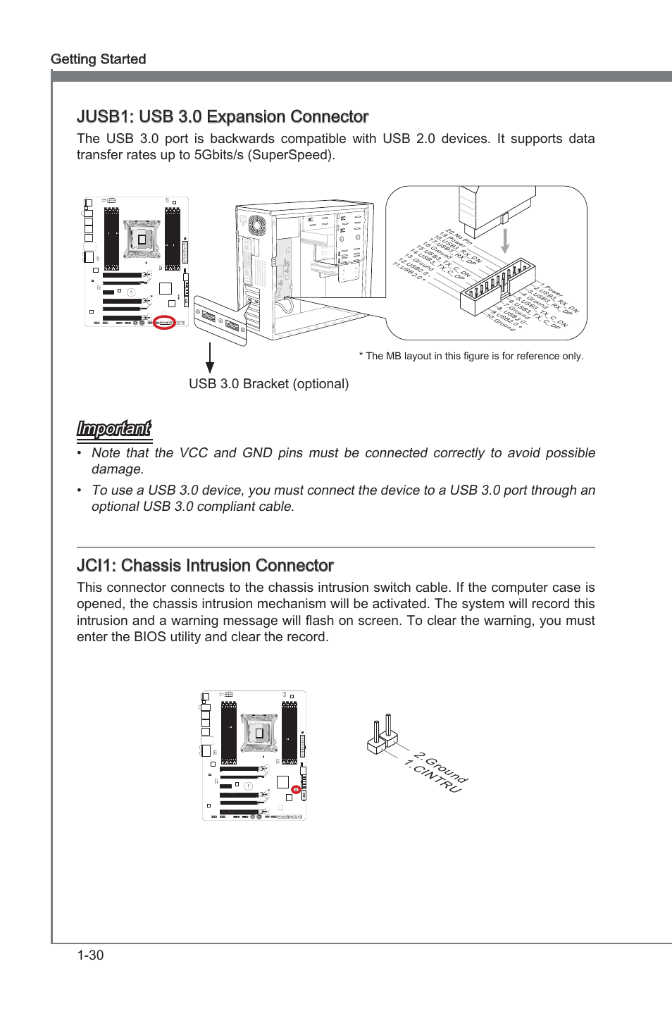 Jci1: chassis intrusion connector, Jusb1: usb 3.0 expansion connector, Jci1 | Chasss intruson connector, Jusb1, Usb 3.0 expanson connector, Jusb1: usb 3.0 expanson connector, Important, Jci1: chasss intruson connector, 30 gettng started | MSI X79A-GD45 (8D) User Manual | Page 40 / 90
