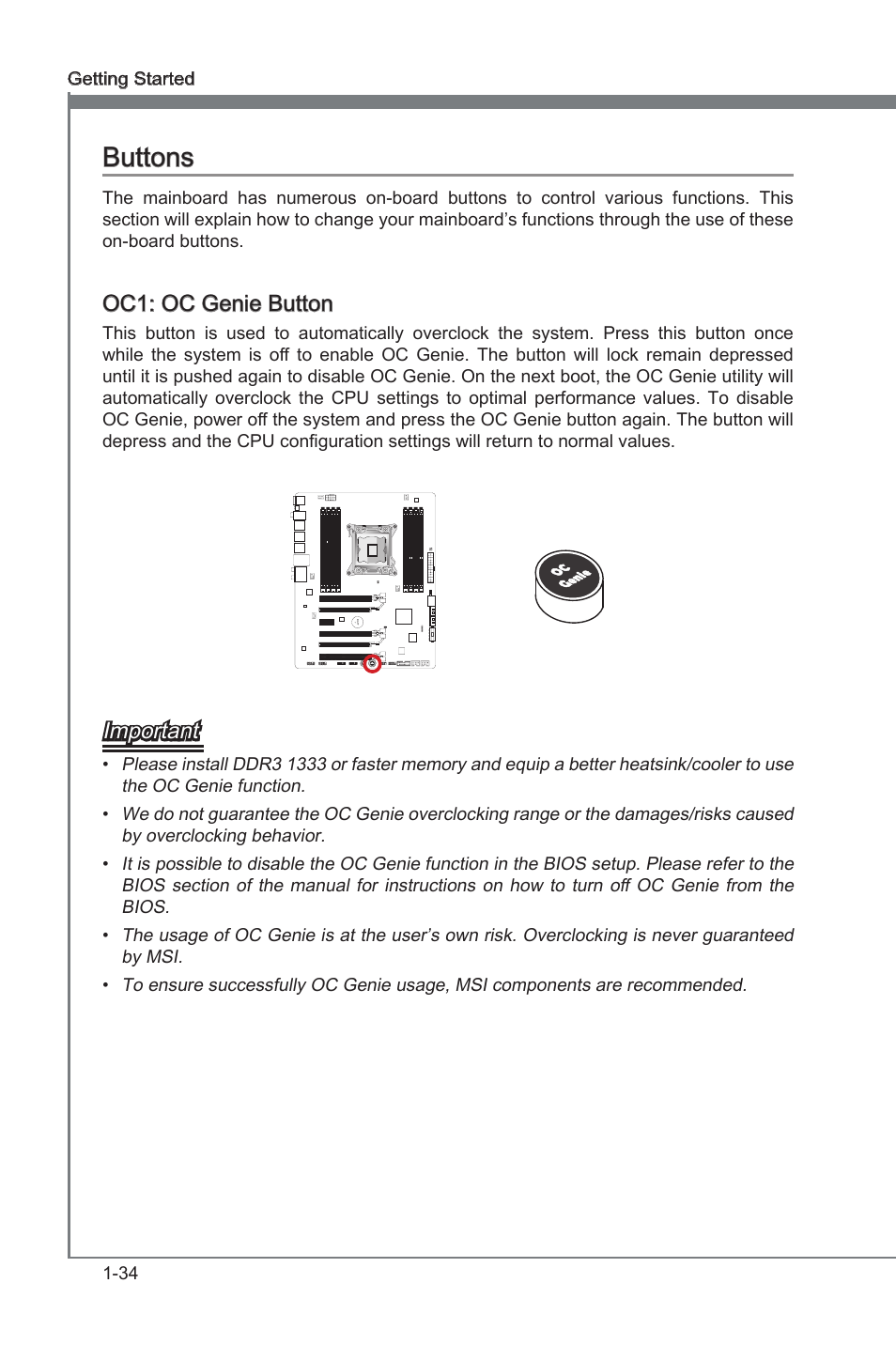 Oc1: oc genie button, Buttons -34, Oc gene button | Buttons, Oc1: oc gene button, Important | MSI X79A-GD45 (8D) User Manual | Page 44 / 90