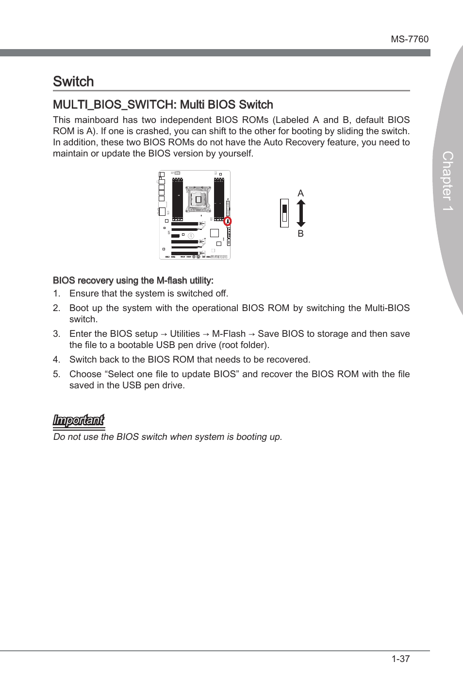 Multi_bios_switch: multi bios switch, Swtch -37, Multi_bios_switch | Mult bios swtch, Chapter 1 swtch, Multi_bios_switch: mult bios swtch, Important | MSI X79A-GD45 (8D) User Manual | Page 47 / 90