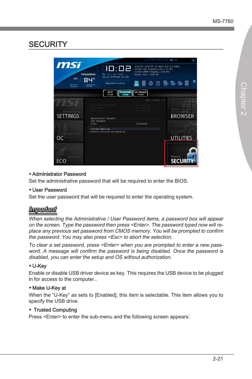 Security -21, Chapter 2, Chapter 2 security | Important | MSI X79A-GD45 (8D) User Manual | Page 71 / 90