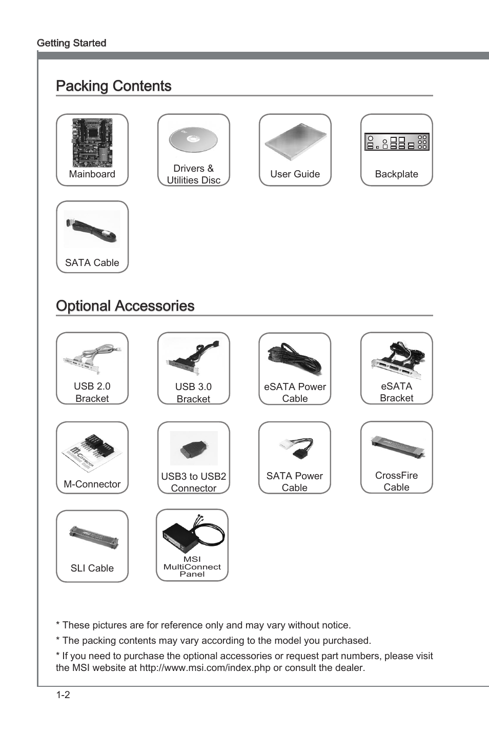 Packng contents -2 optonal accessores -2, Packng contents, Optonal accessores | MSI X79A-GD45 User Manual | Page 12 / 88