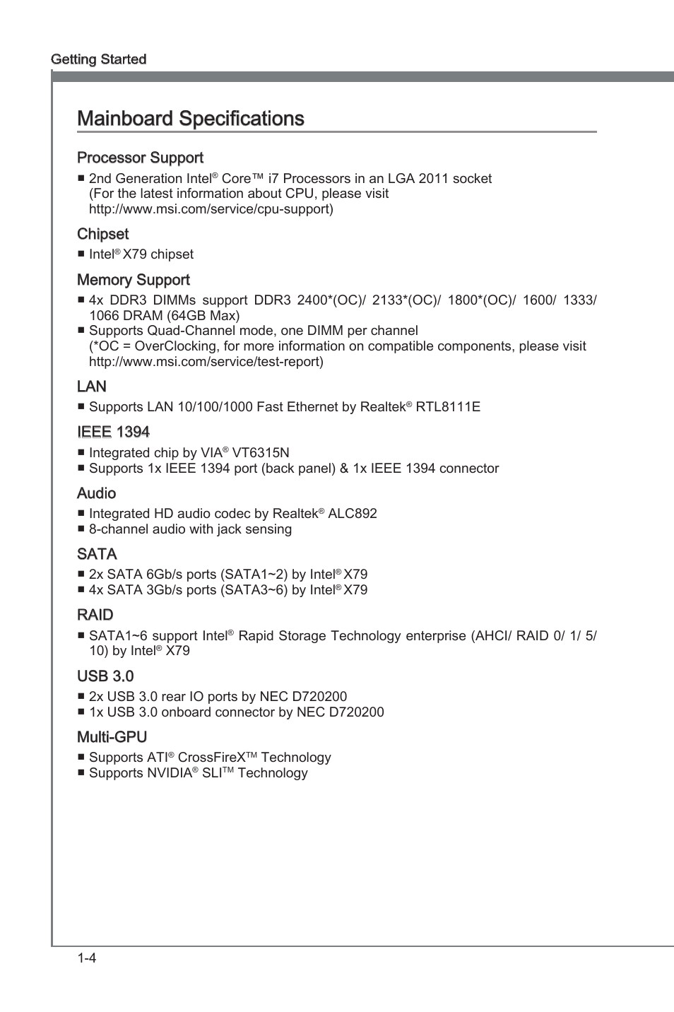 Manboard specficatons -4, Manboard specficatons | MSI X79A-GD45 User Manual | Page 14 / 88