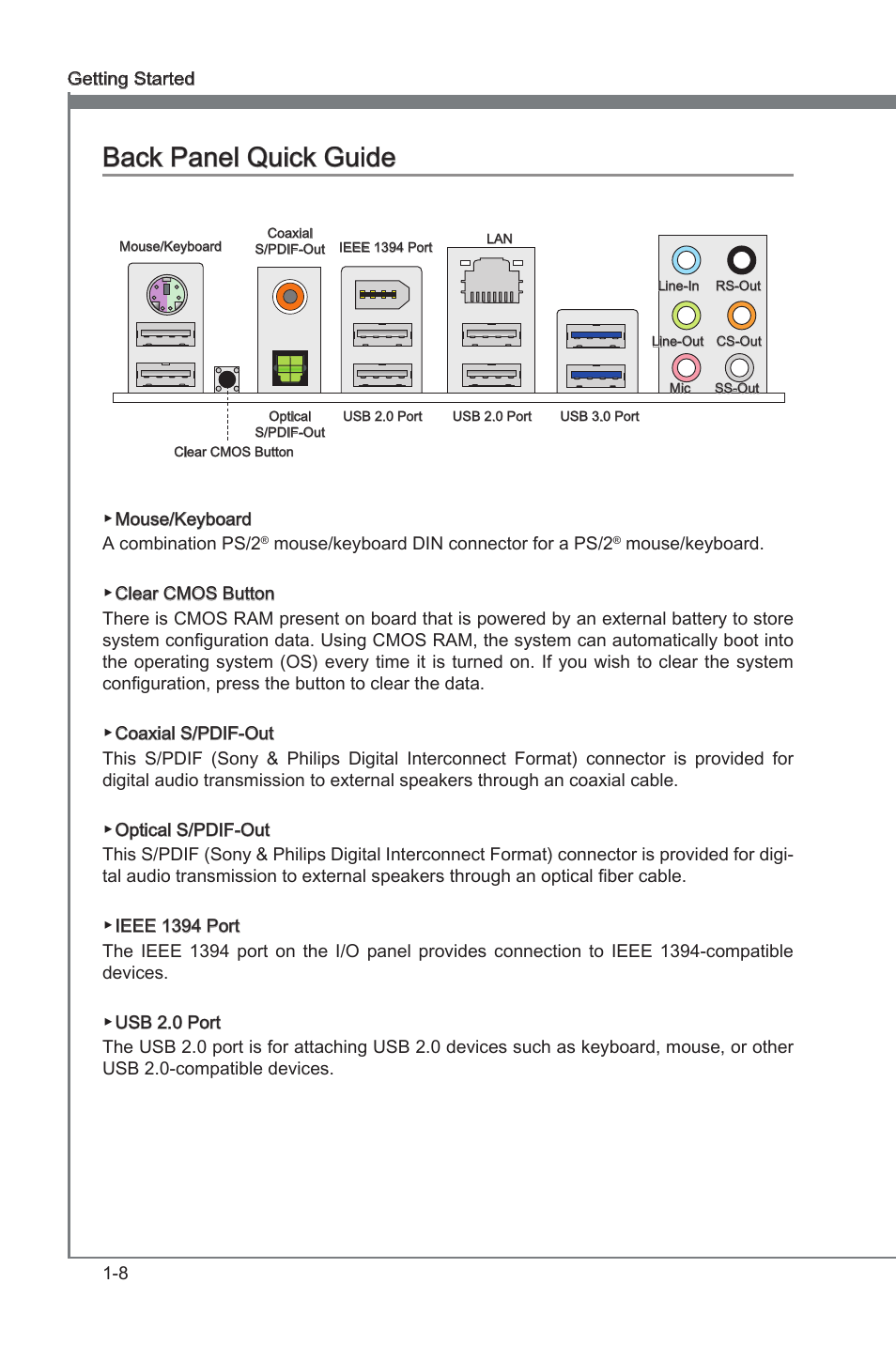 Back panel quck gude -8, Back panel quck gude | MSI X79A-GD45 User Manual | Page 18 / 88